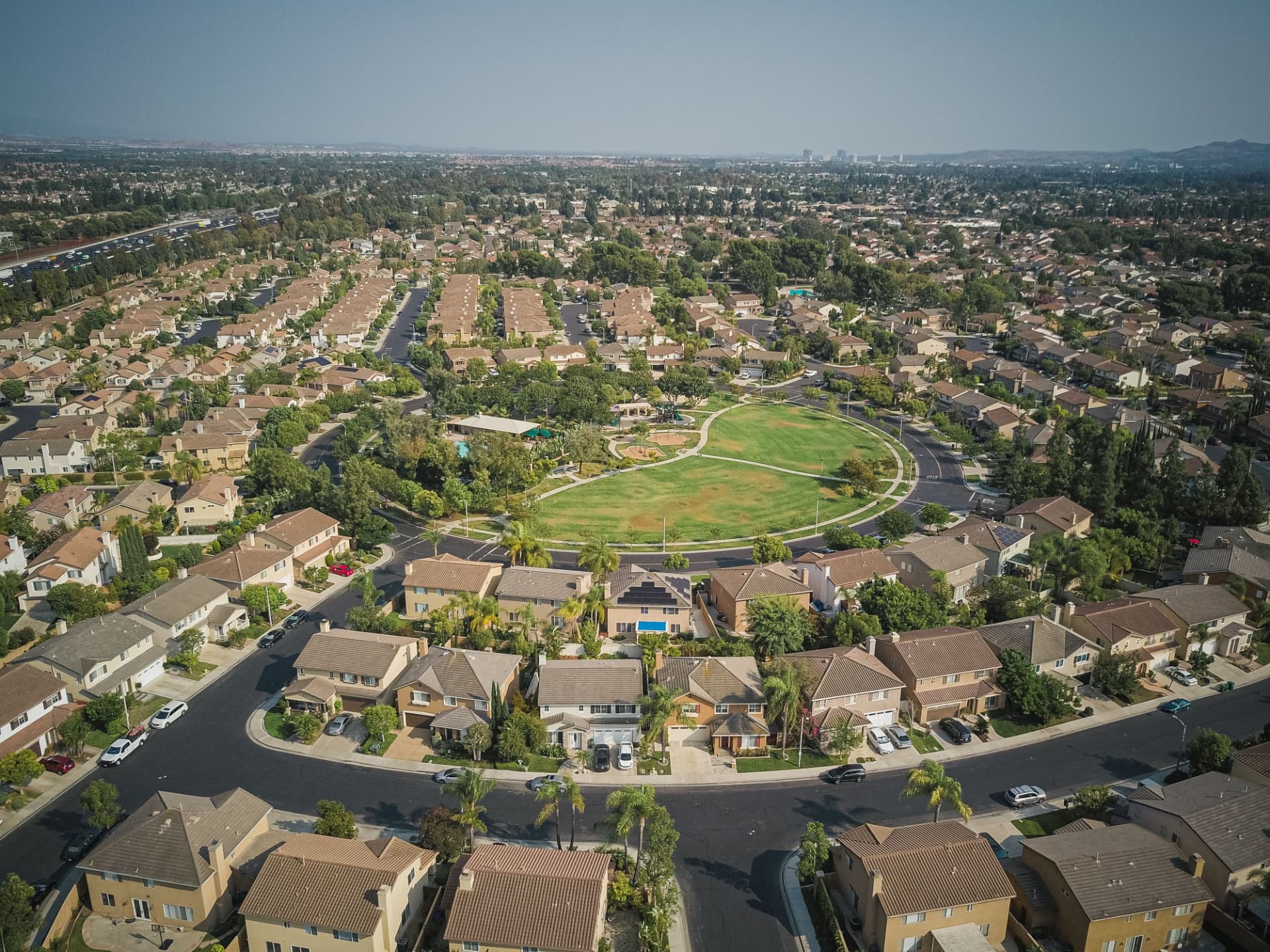 Aerial view of a Los Angeles residential neighborhood served by Brentwood black cars