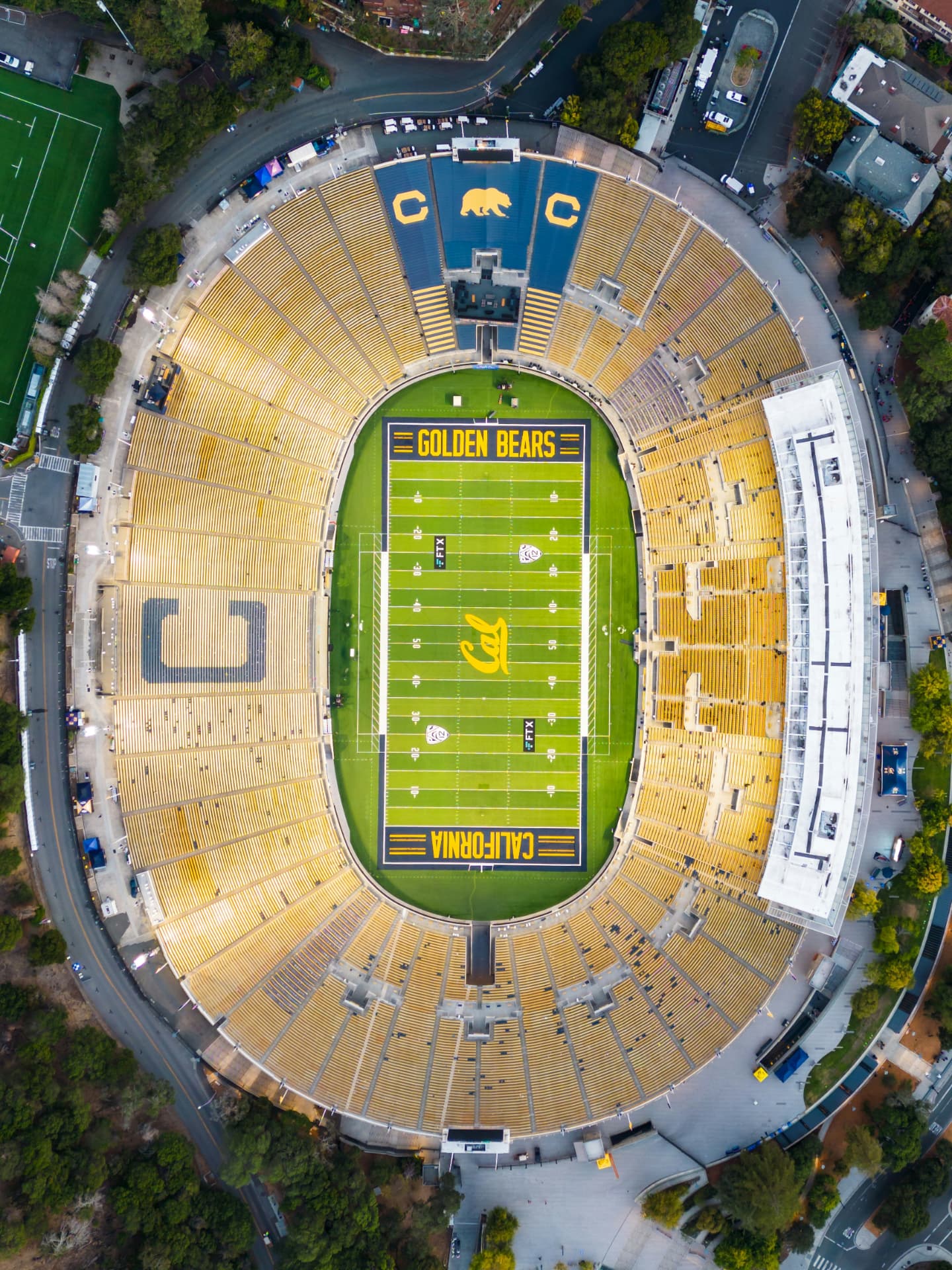Aerial view of a college football stadium on game day