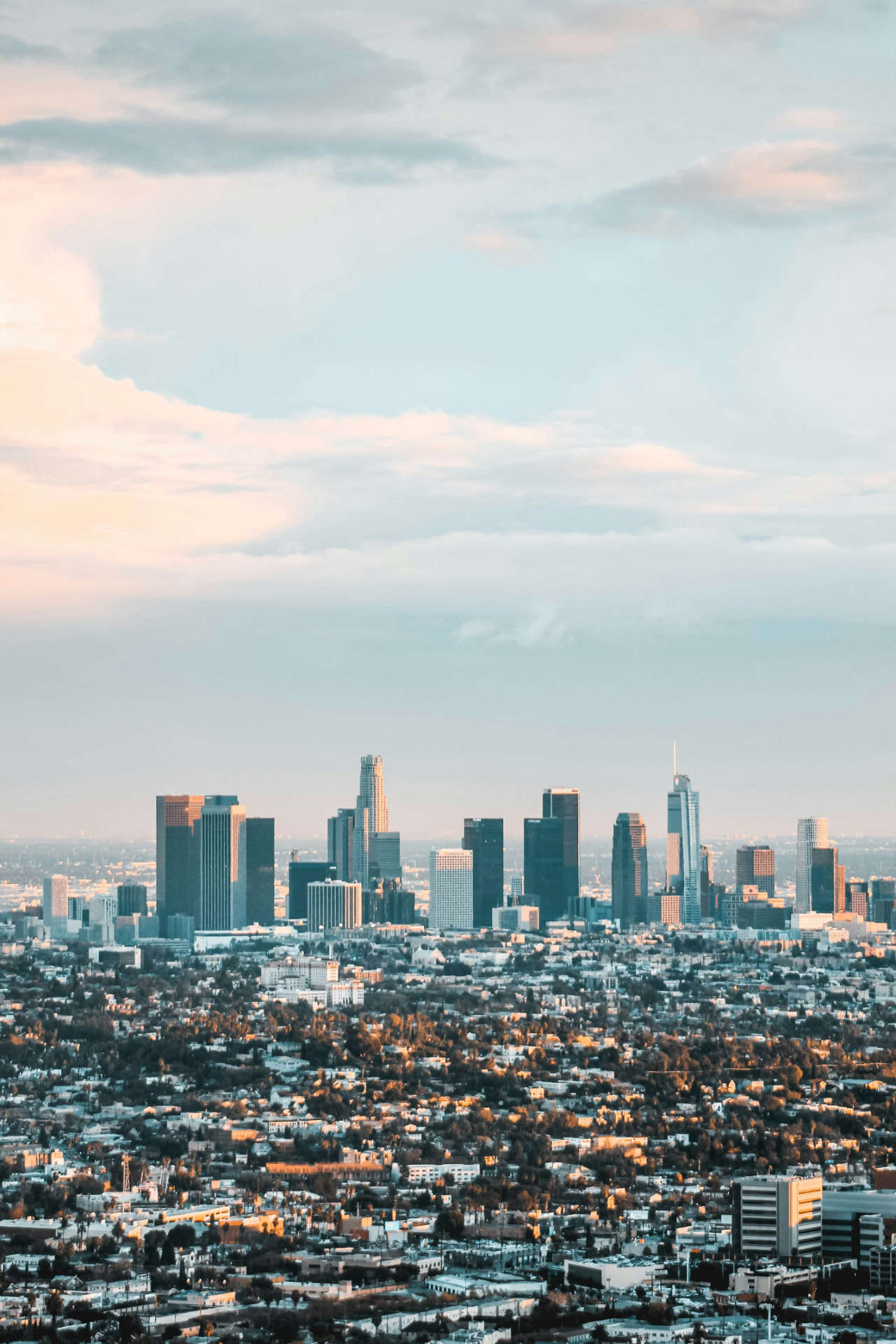 Downtown Los Angeles skyline viewed from a hourly car service vehicle window