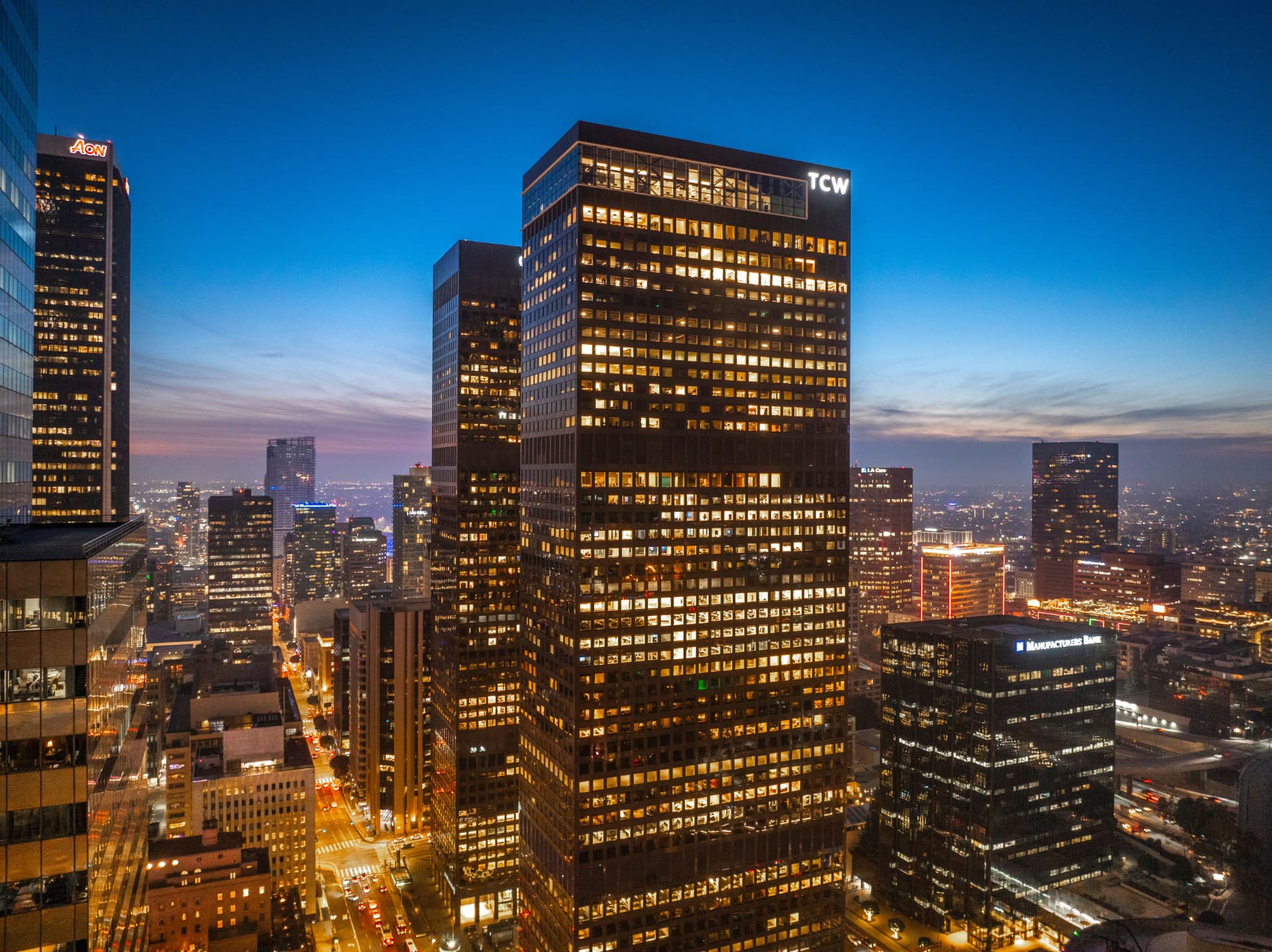 Century City business towers glowing at dusk