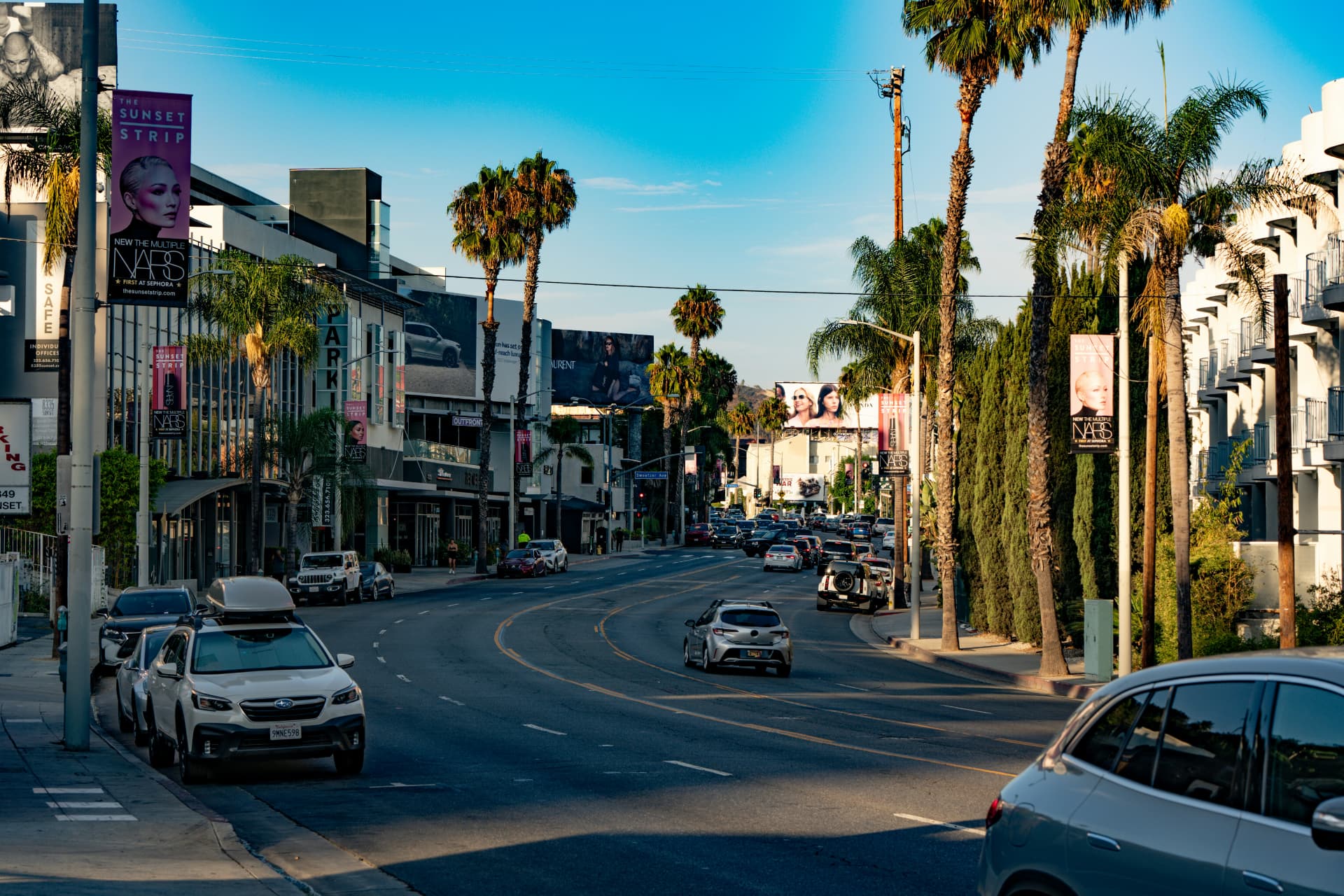 Traffic and palm trees along the Sunset Strip in West Hollywood