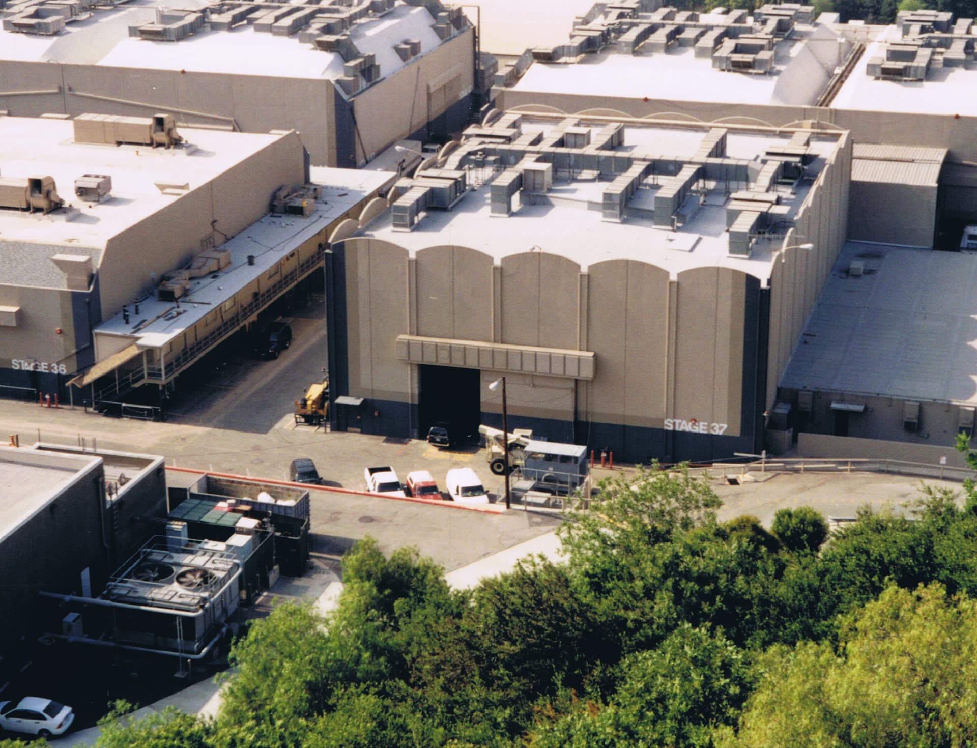 Aerial view of studio soundstages near Studio City, Los Angeles