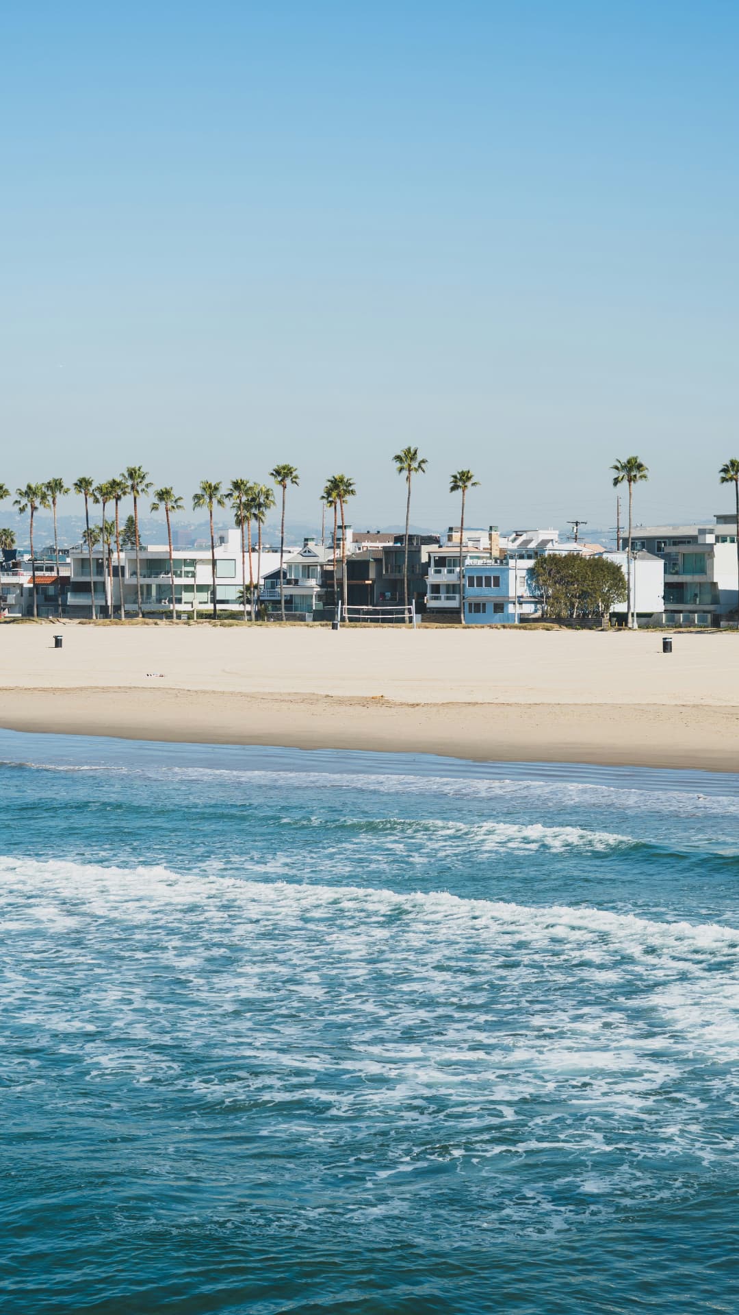 Venice Beach oceanfront homes, palm trees, and turquoise waves