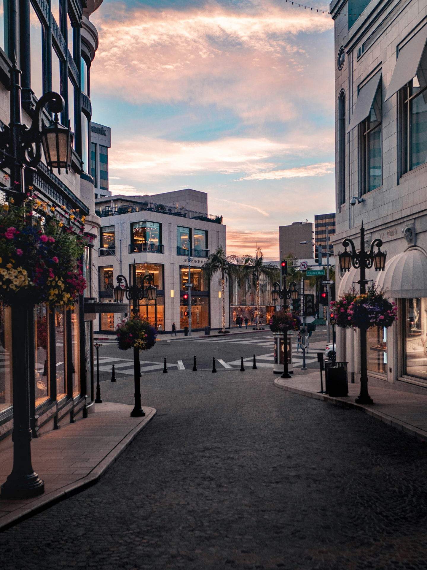 Beverly Hills Golden Triangle streets at dusk