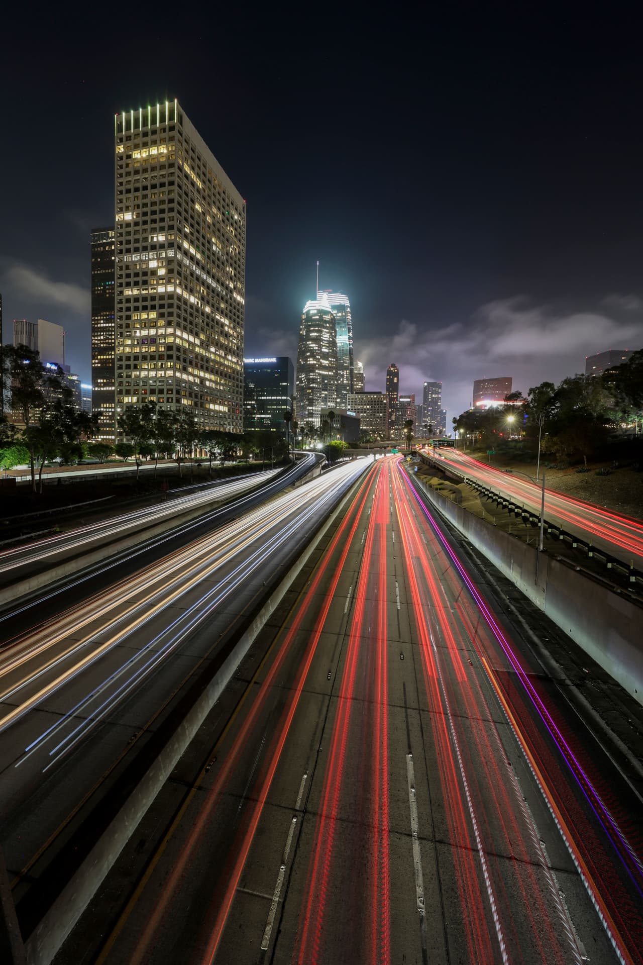 Downtown Los Angeles freeway and skyline at night