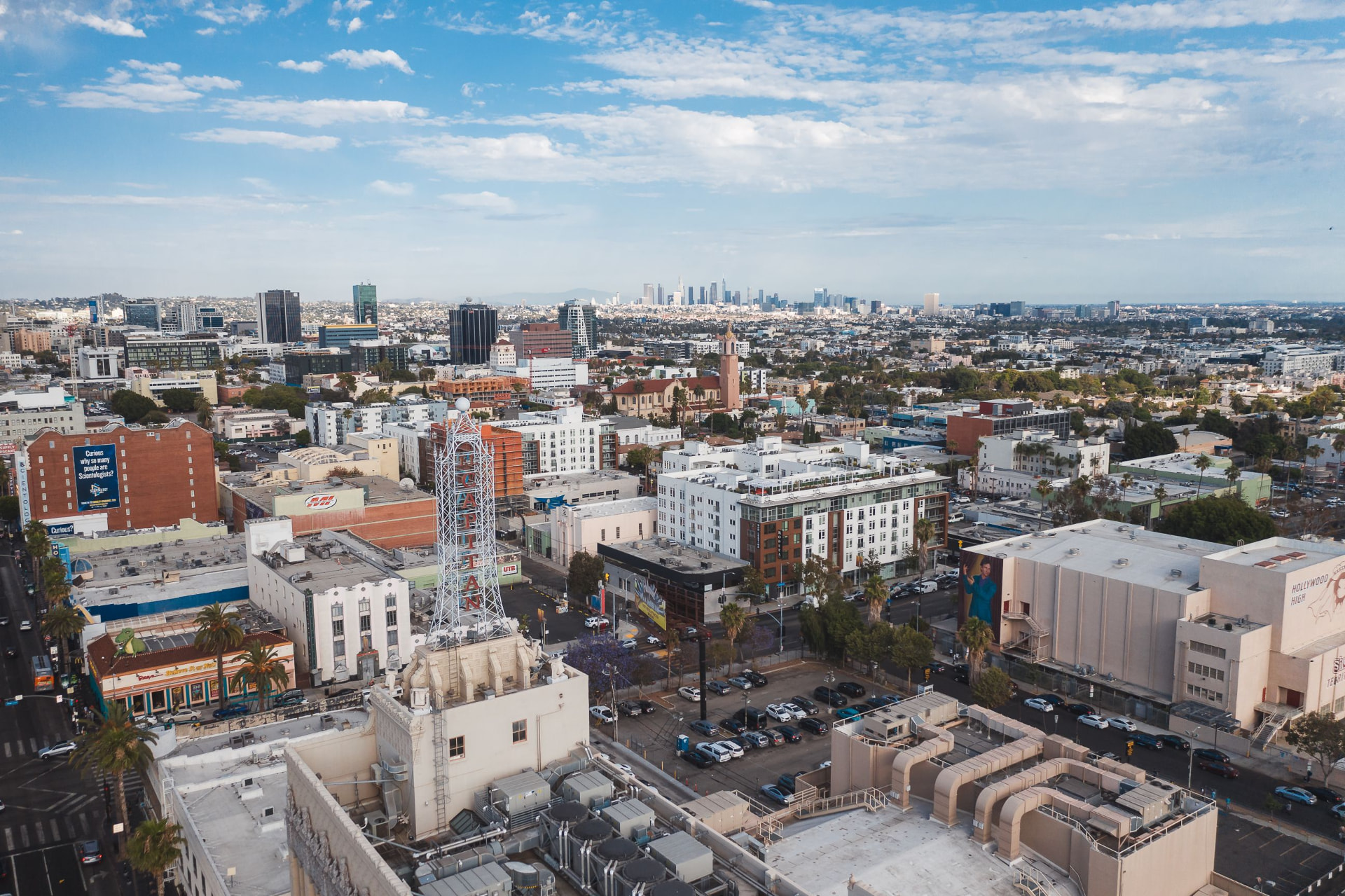 Aerial view of Hollywood with the Los Angeles skyline beyond Studio City