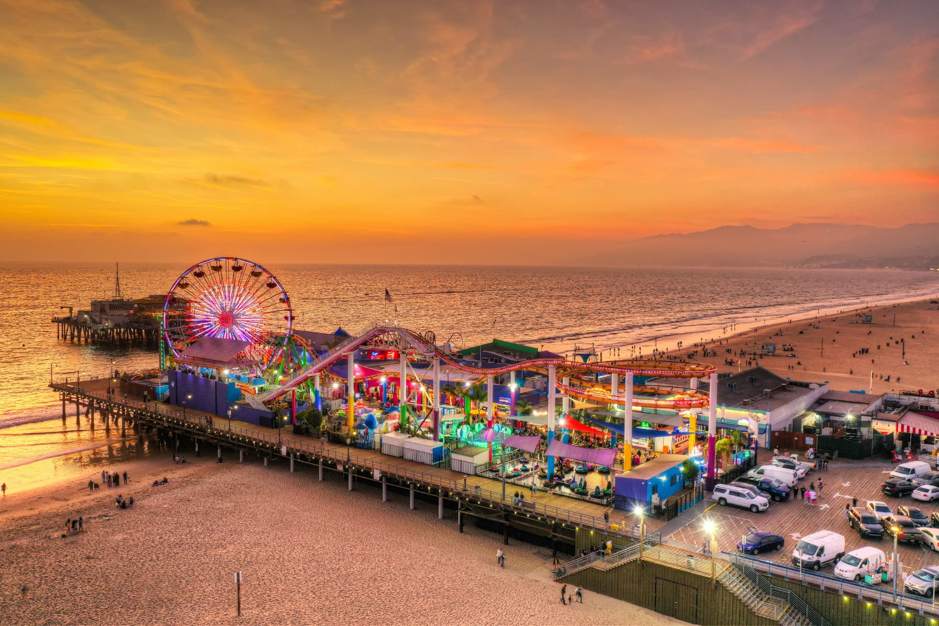 Santa Monica Pier and Pacific Park at sunset
