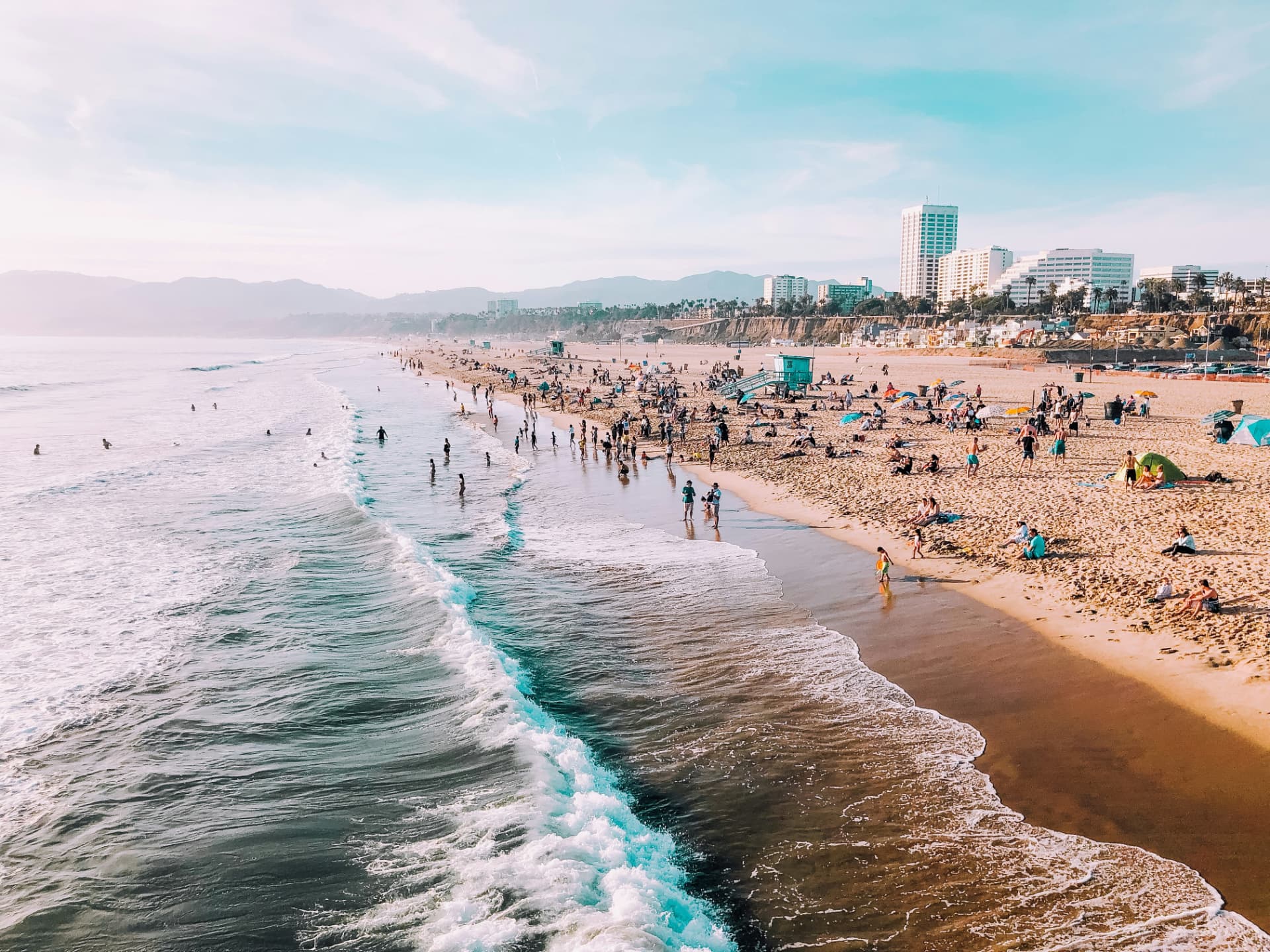 Santa Monica beach and coastline with the shoreline skyline
