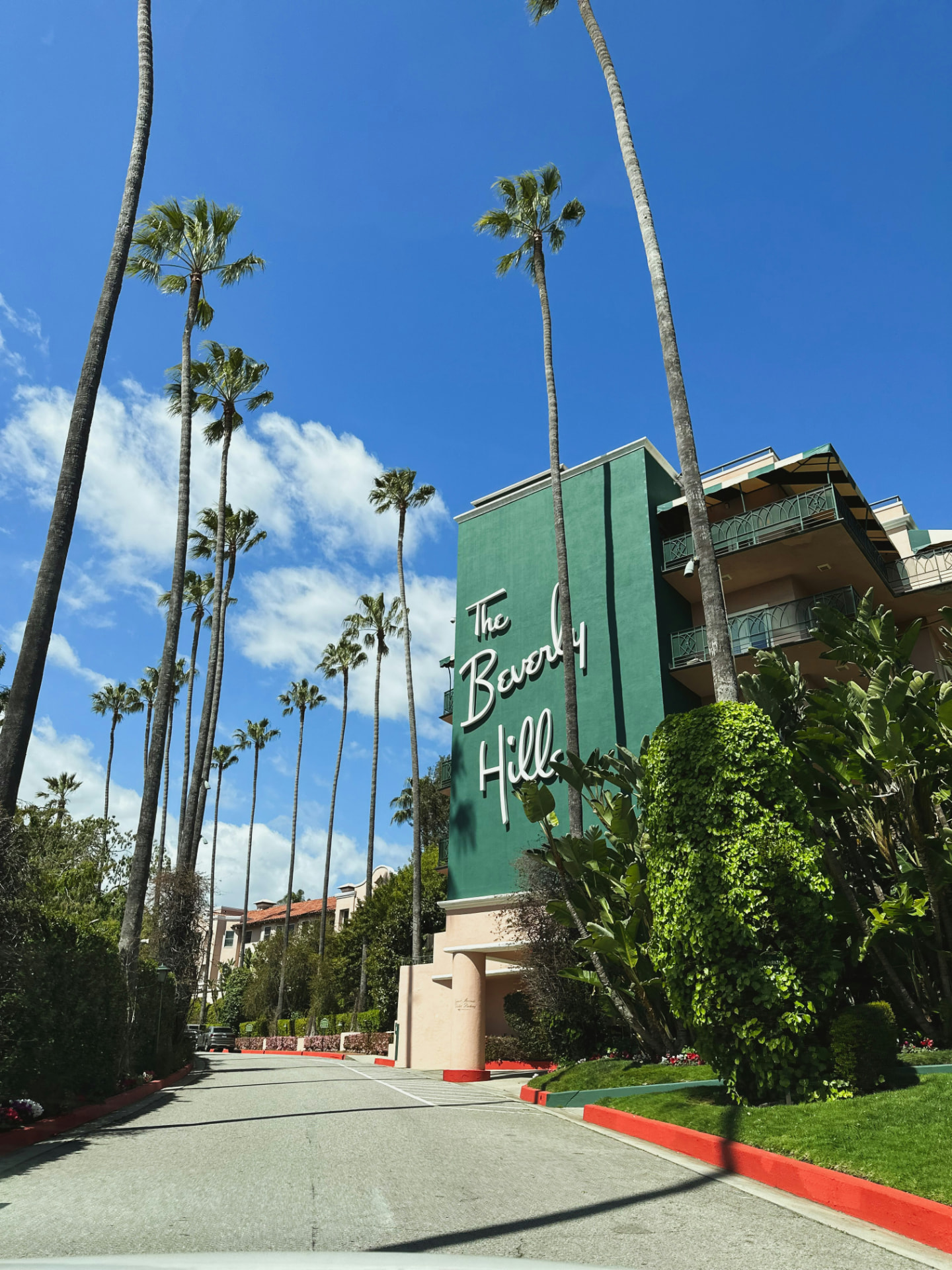 The Beverly Hills Hotel entrance beneath tall palm trees