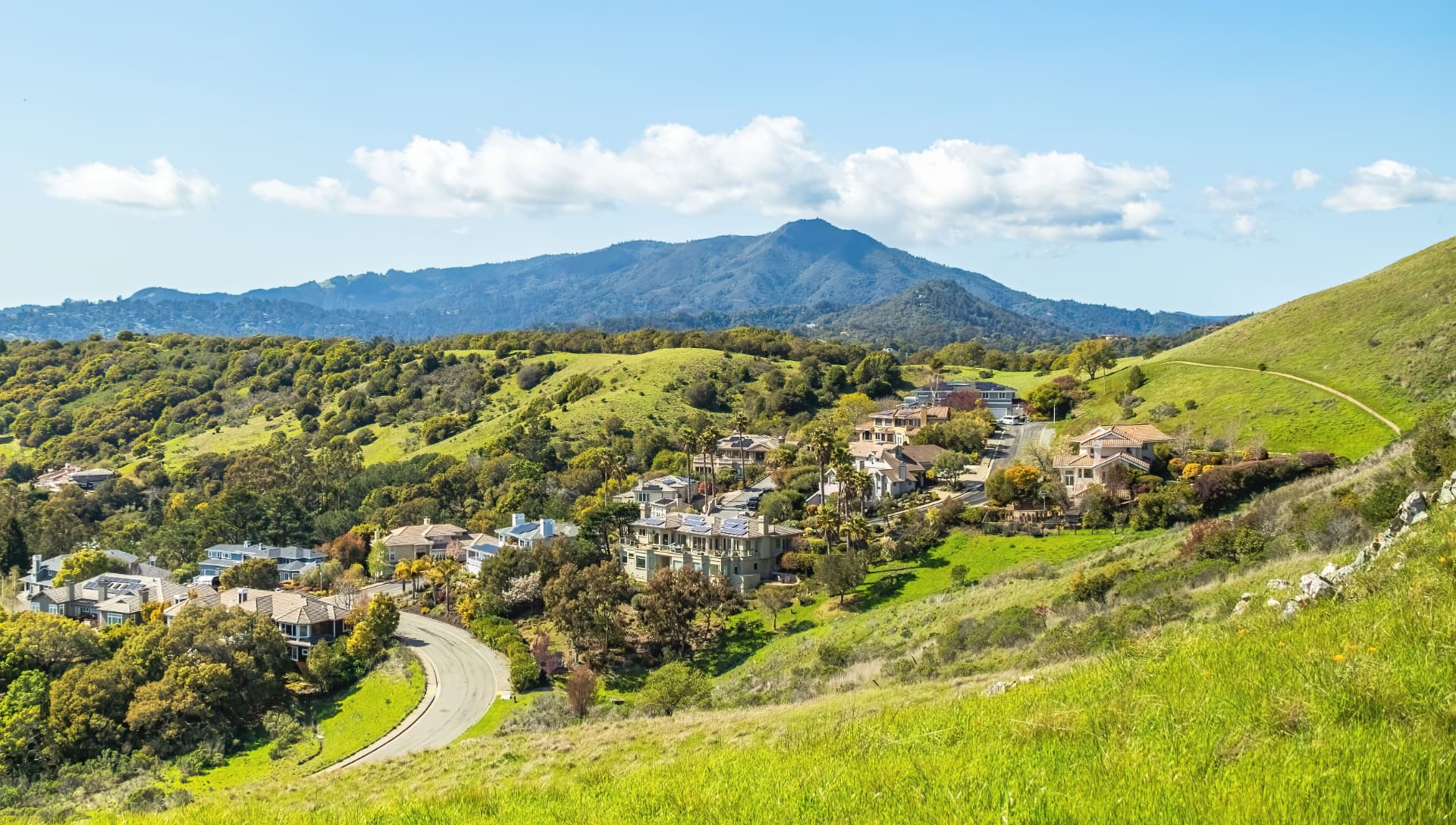 Green California hills and residential streets near Brentwood
