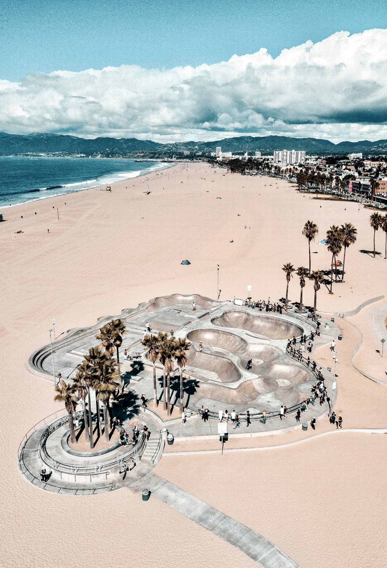 Aerial view of Venice Beach, the skatepark, and the coastline