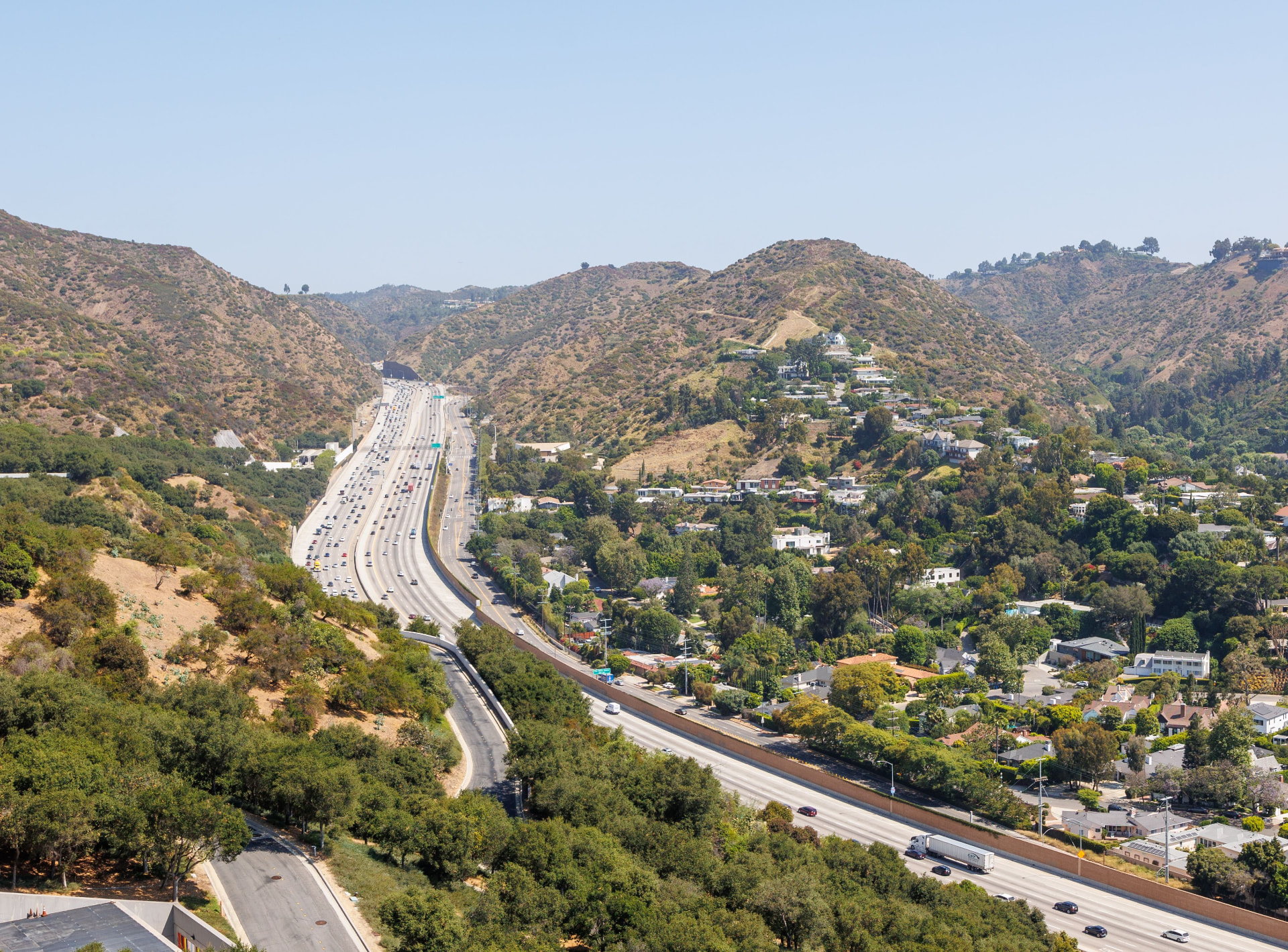 Aerial view of the 405 freeway through the hills near Sherman Oaks