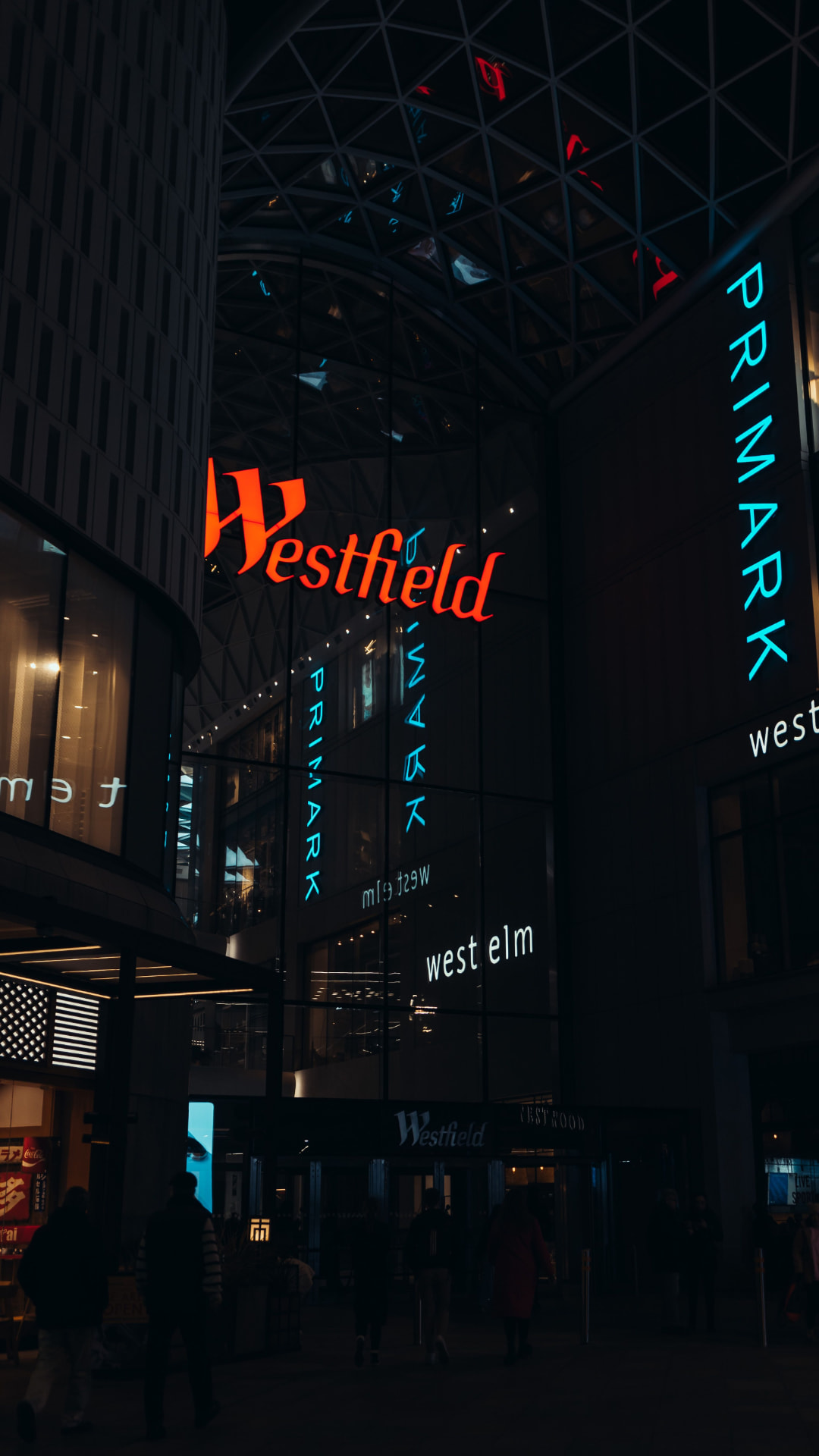 Westfield Century City entrance illuminated at night