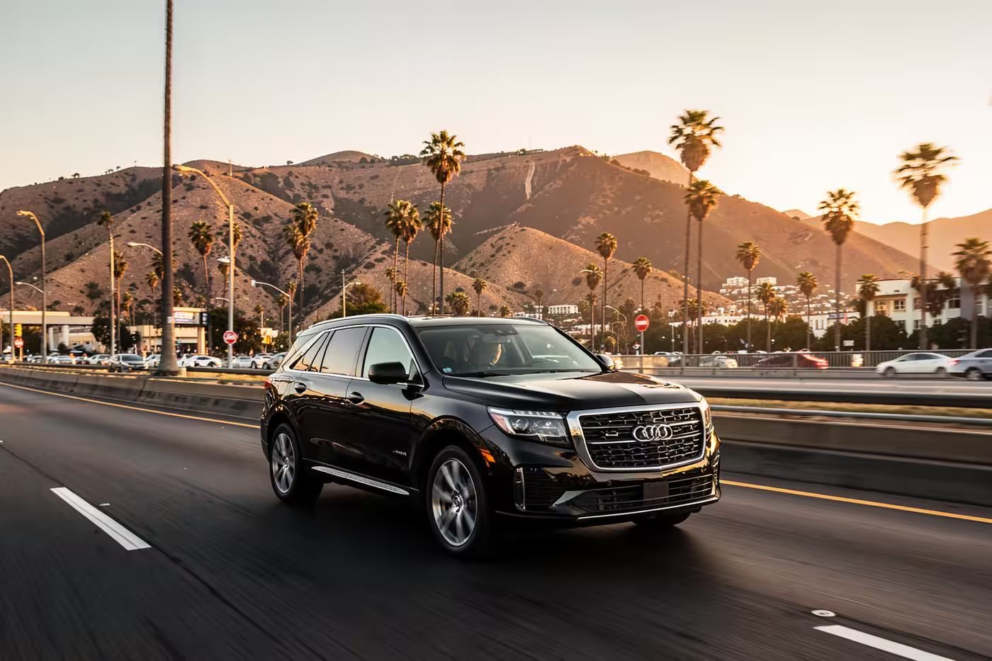 Black luxury SUV on a Los Angeles freeway heading from Hollywood Burbank Airport