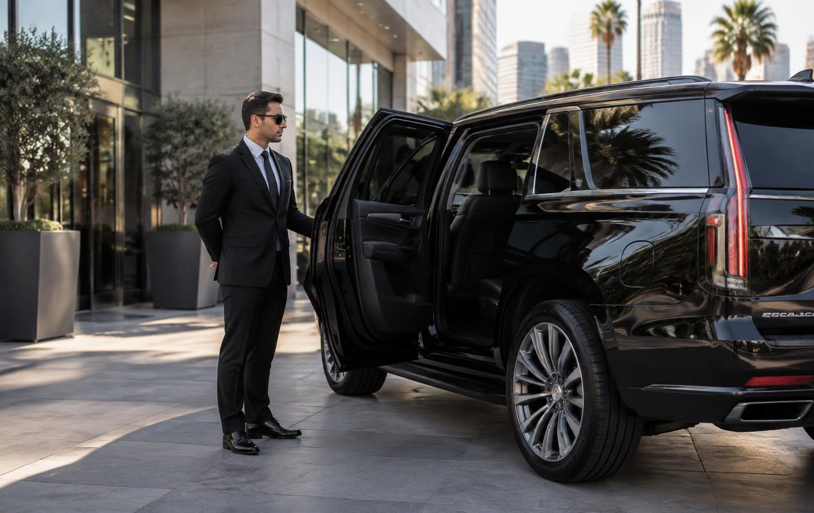 iRide360 chauffeur standing beside a black luxury SUV available for hourly booking in Los Angeles