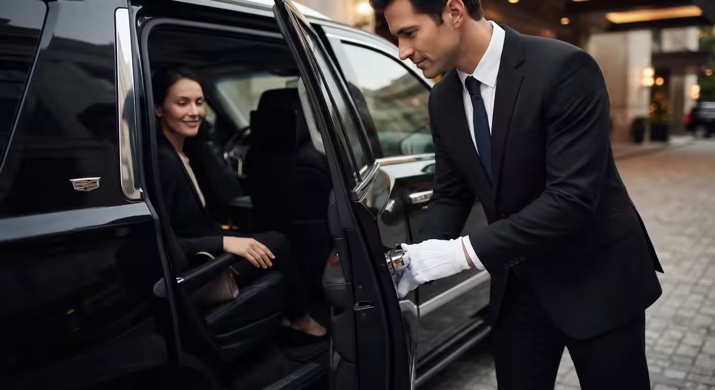 Chauffeur opening the rear door of a black sedan for guests at a Los Angeles hotel entrance
