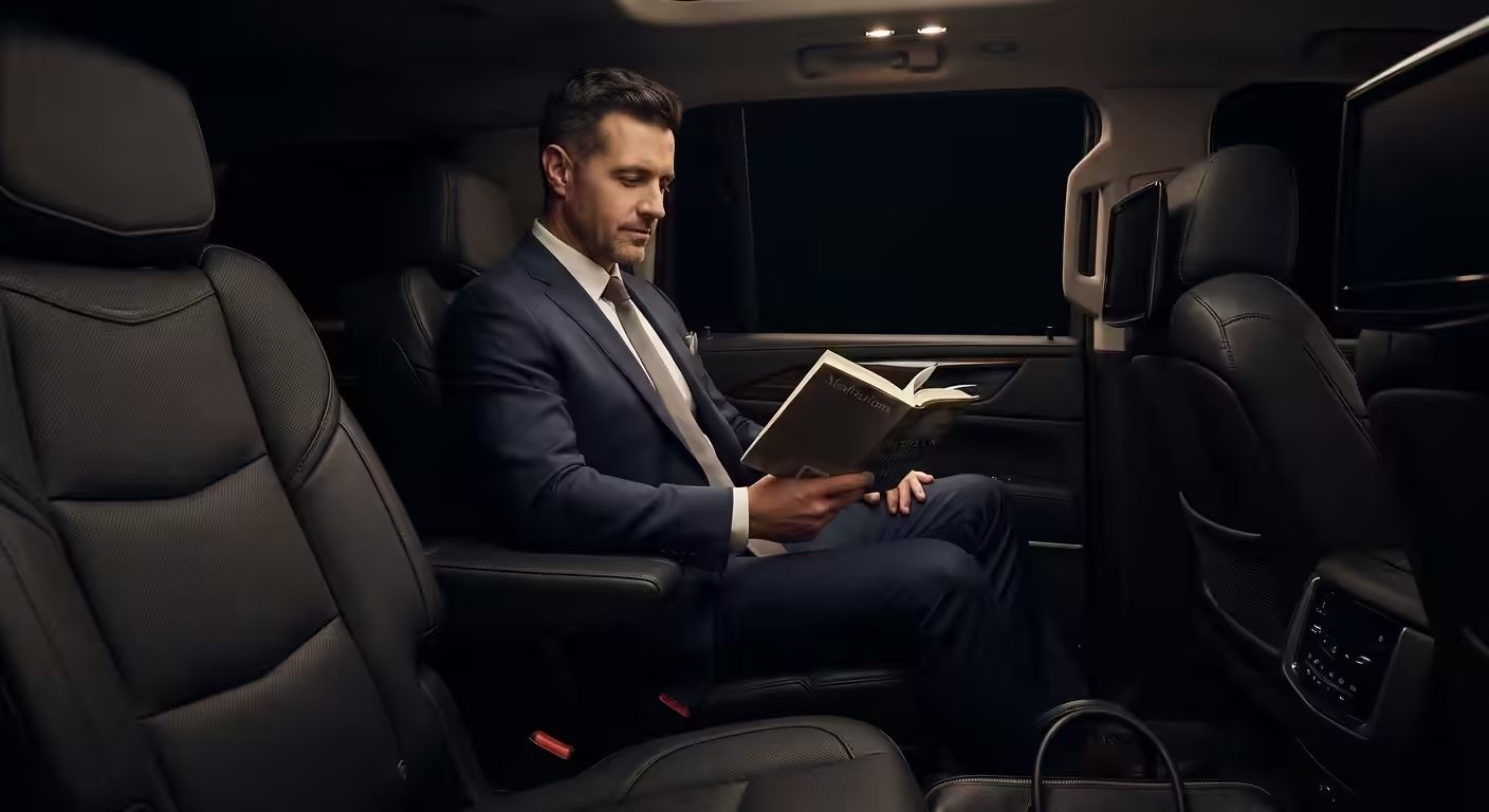 Business traveler working in the back seat of a chauffeured luxury sedan in Los Angeles