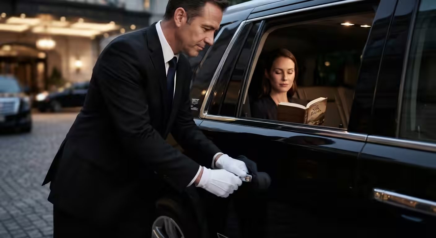 Chauffeur opening the rear door of a black luxury sedan for a passenger
